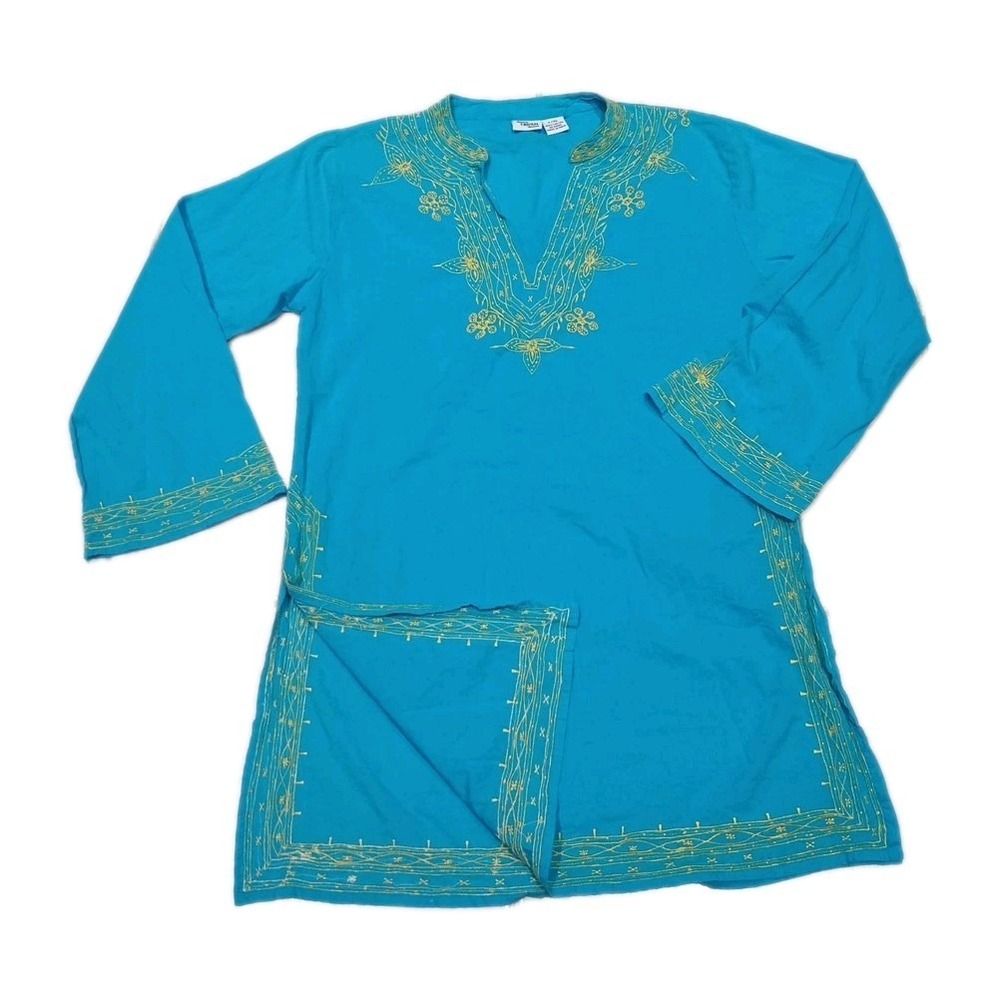 India Embroidery L/XL 100% Cotton Woman Kurta Kurti Turquoise Ladies Top Boho